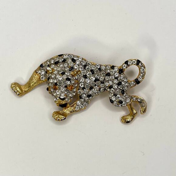 Leopard Cheetah Jaguar Wild Cat Animal Brooch Pin Gold Black Rhinestones - Picture 1 of 7